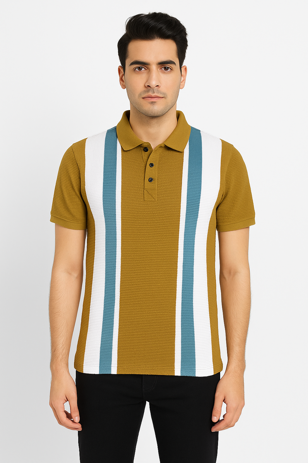 Mustard Polo T-Shirt with Contrast Vertical Stripes