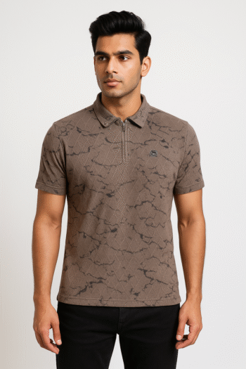 Men’s Brown Marble‑Print Zip‑Placket Polo T‑Shirt