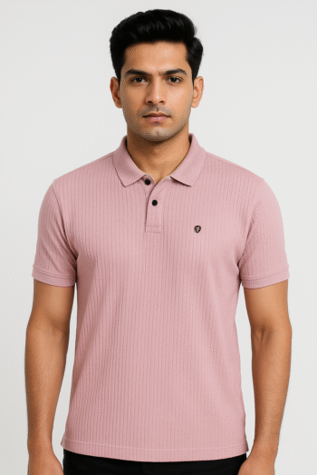 Men’s Pink Ribbed Polo T-Shirt with Crest Logo