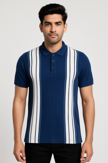 Men’s Navy Vertical‑Stripe Polo T‑Shirt – Retro Sport, Regular Fit