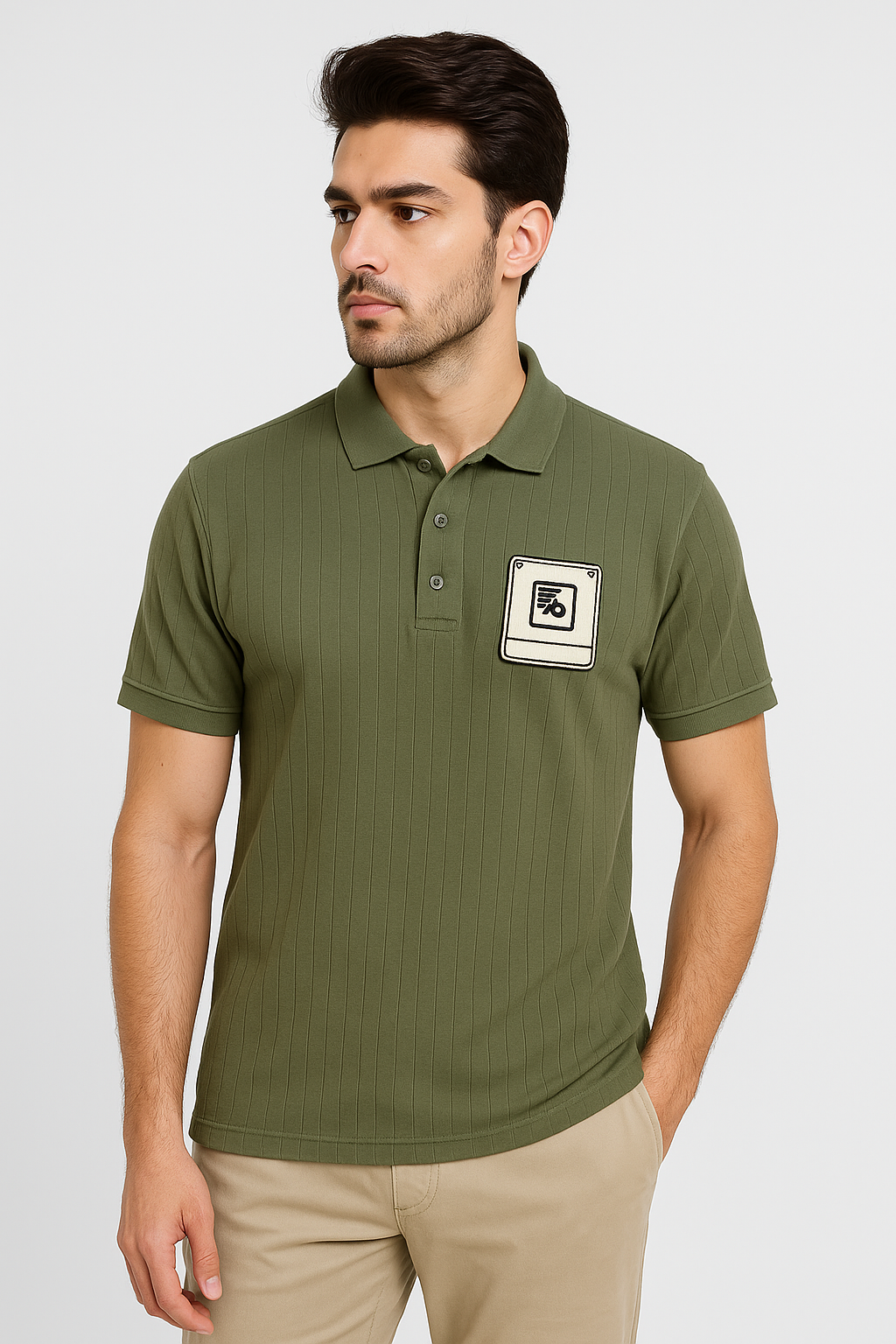 Olive Green Polo T-Shirt with Chest Patch Design