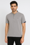 Men’s Grey Mandarin-Collar Henley Polo T‑Shirt – Short Sleeves, Soft Stretch Knit