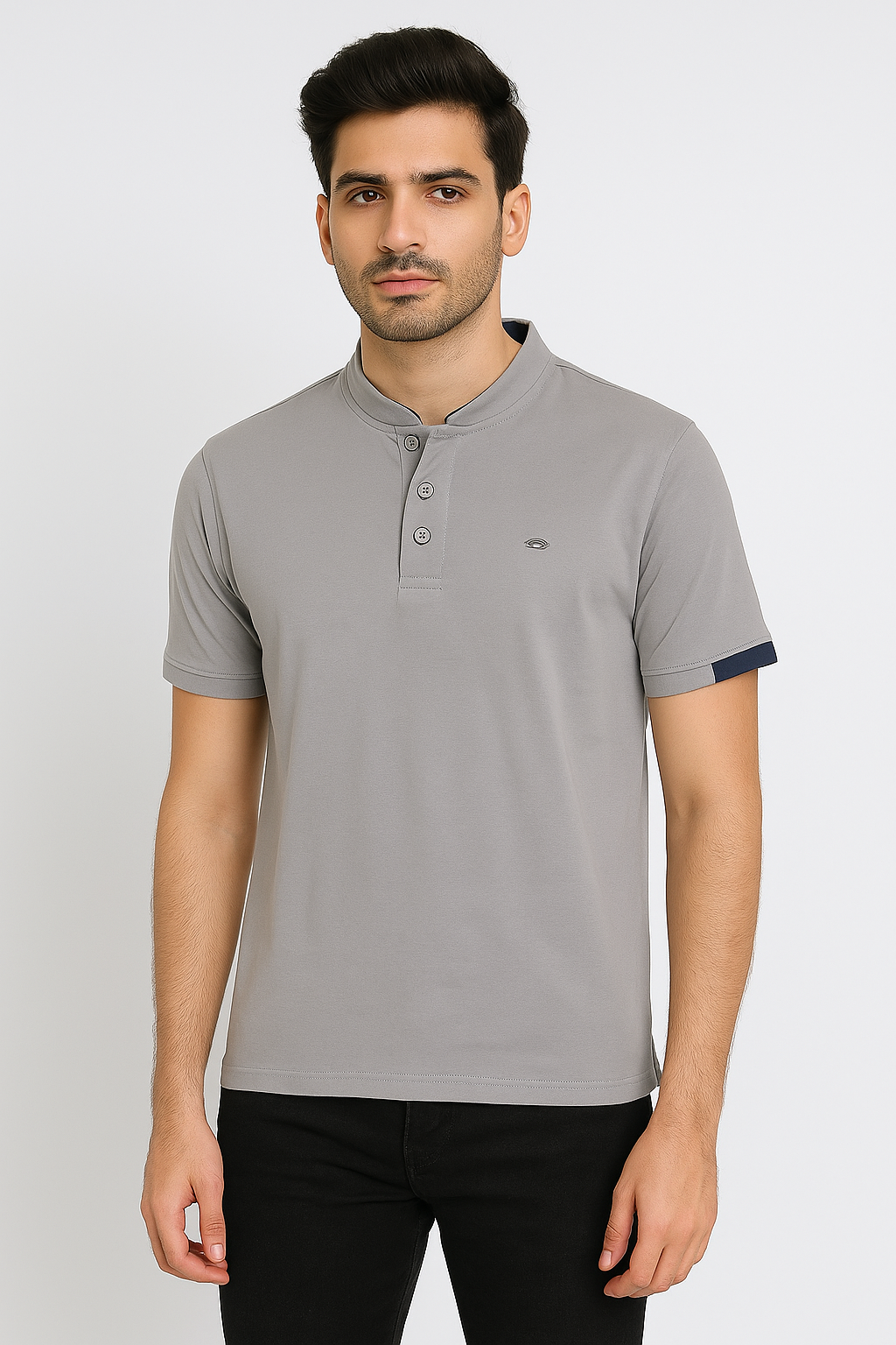 Men’s Grey Mandarin-Collar Henley Polo T‑Shirt – Short Sleeves, Soft Stretch Knit