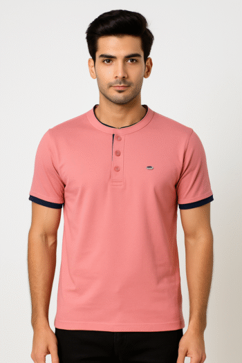 Men’s Casual Henley Neck T-Shirt – Pink with Contrast Detailing