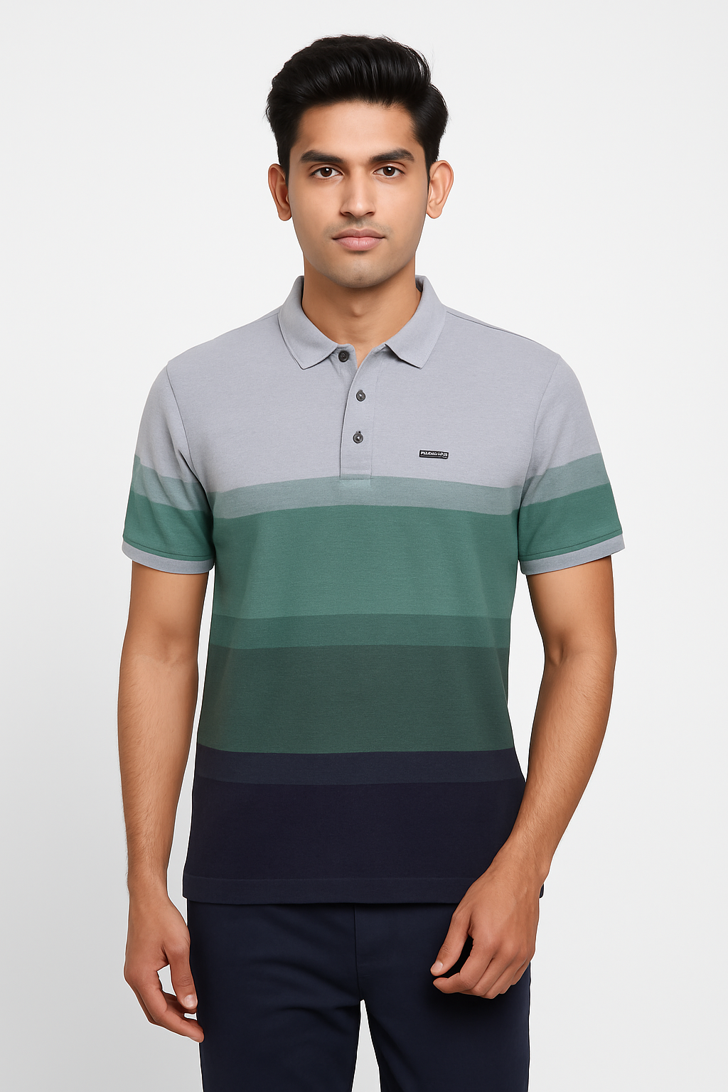 Grey & Green Multi-Striped Polo T-Shirt