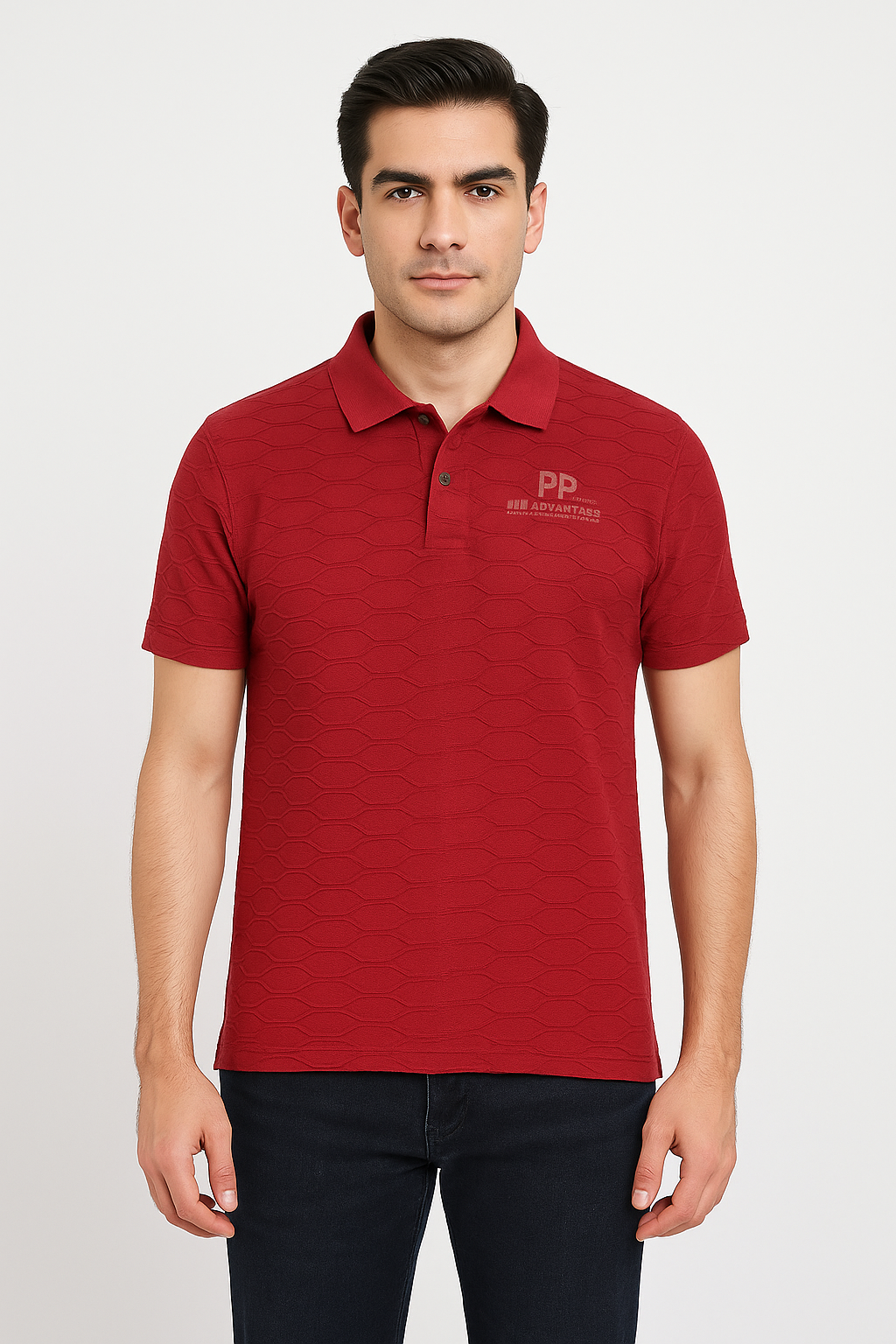 Men’s Maroon Textured Polo T‑Shirt with Chest Print Logo