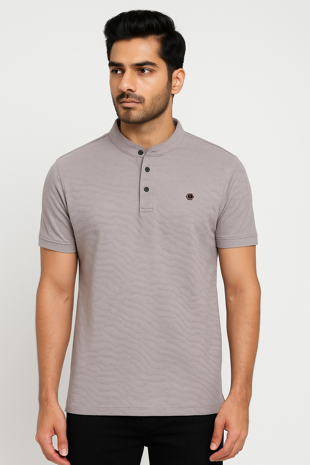 Men’s Grey Mandarin‑Collar Henley Polo T‑Shirt with Subtle Wave Texture