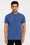 Men’s Blue Geometric-Texture Polo T‑Shirt – Contrast Tipped Collar, Short Sleeves