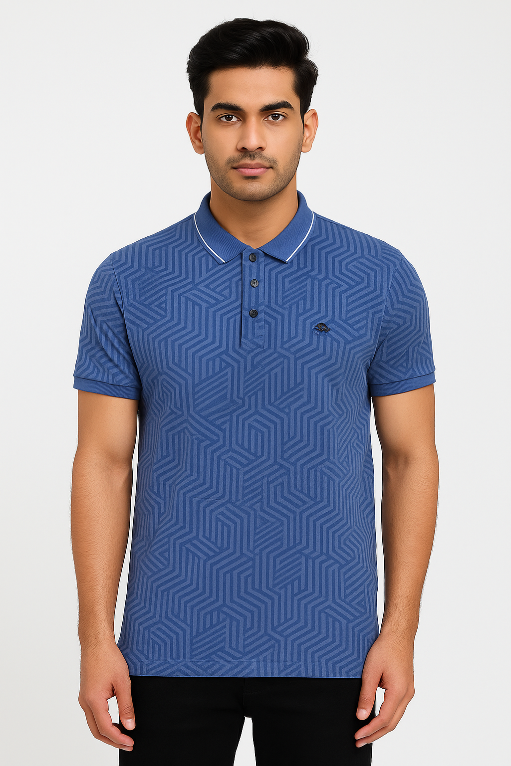 Men’s Blue Geometric-Texture Polo T‑Shirt – Contrast Tipped Collar, Short Sleeves