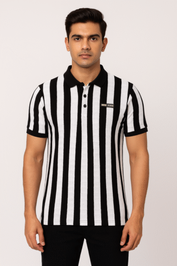 Men’s Black & White Vertical Striped Polo T-Shirt