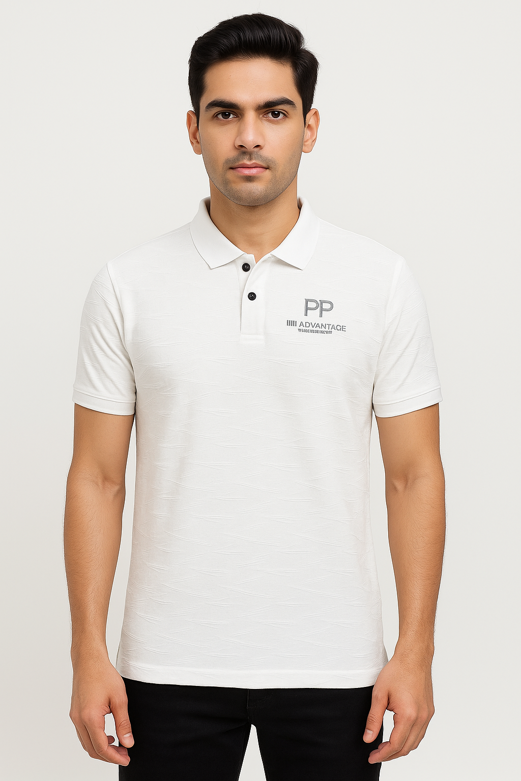 Men’s White Textured Polo T‑Shirt with Chest Print Logo