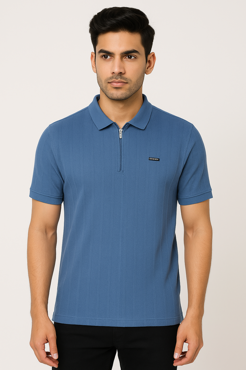 Blue Polo T-Shirt with Half-Zip and Ribbed Pattern