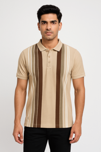 Beige Polo T-Shirt with Vertical Stripes