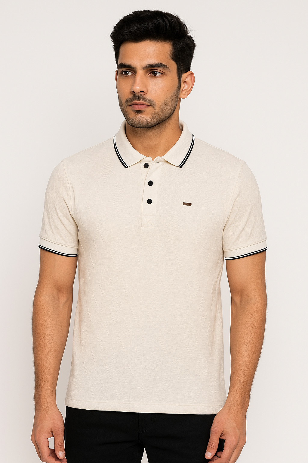 Men’s Cream Textured Polo T‑Shirt with Contrast Tipping