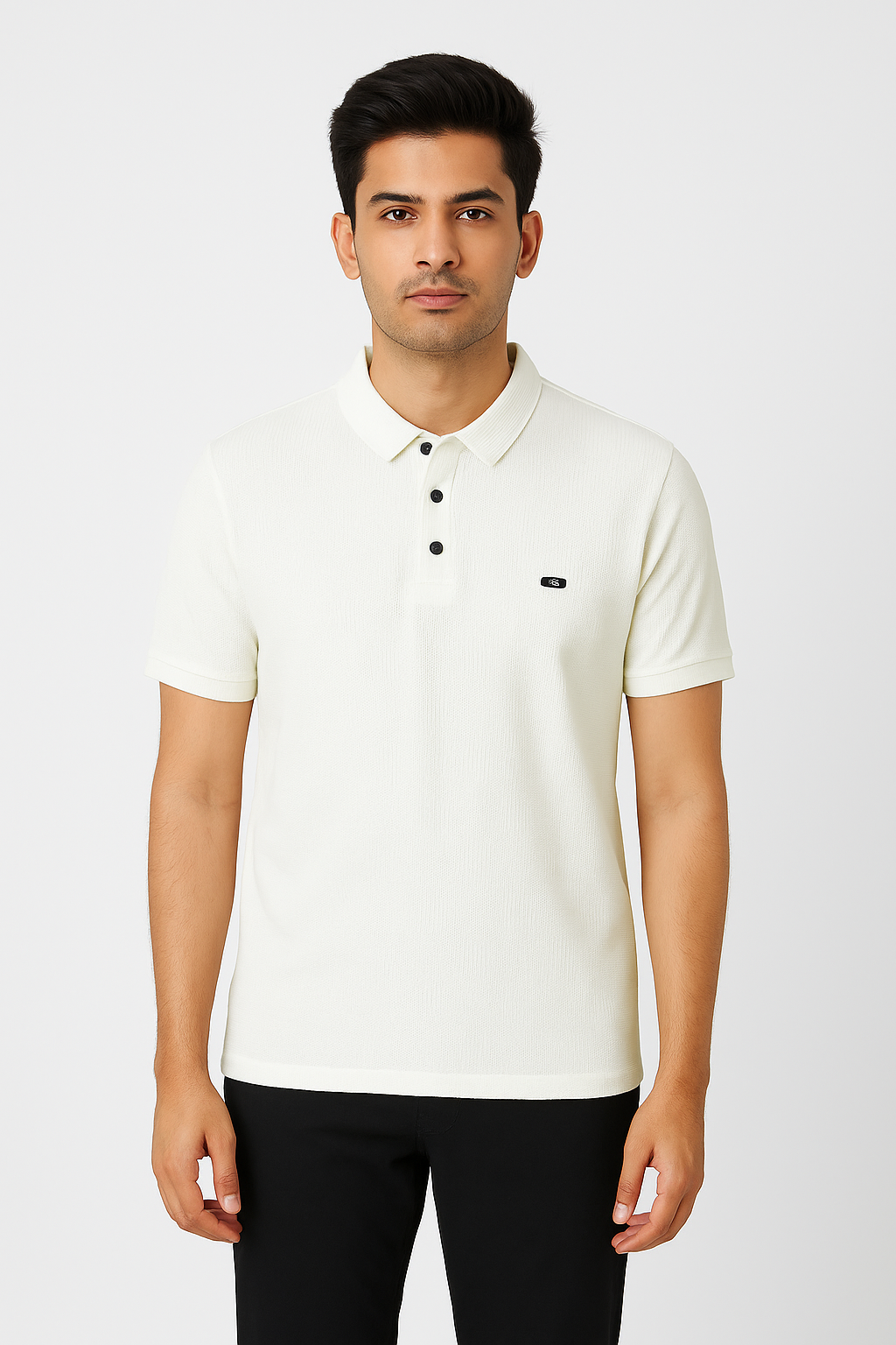 Men’s Cream Zip‑Placket Mandarin‑Collar Polo T‑Shirt – Subtle Vertical Texture