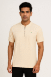 Men’s Cream Zip‑Placket Mandarin‑Collar Polo T‑Shirt – Subtle Vertical Texture
