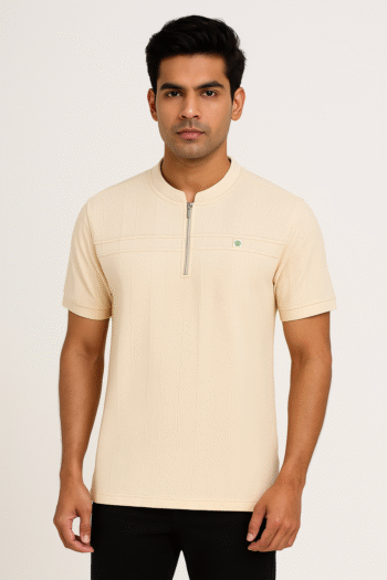 Men’s Cream Zip‑Placket Mandarin‑Collar Polo T‑Shirt – Subtle Vertical Texture