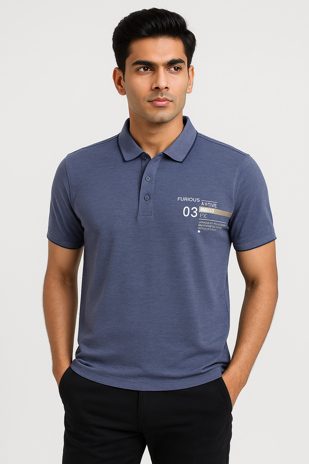 Men’s Steel Blue Graphic Polo T‑Shirt – Soft Knit, Classic Fit