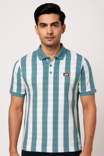 Men’s Teal & White Vertical Striped Polo T-Shirt