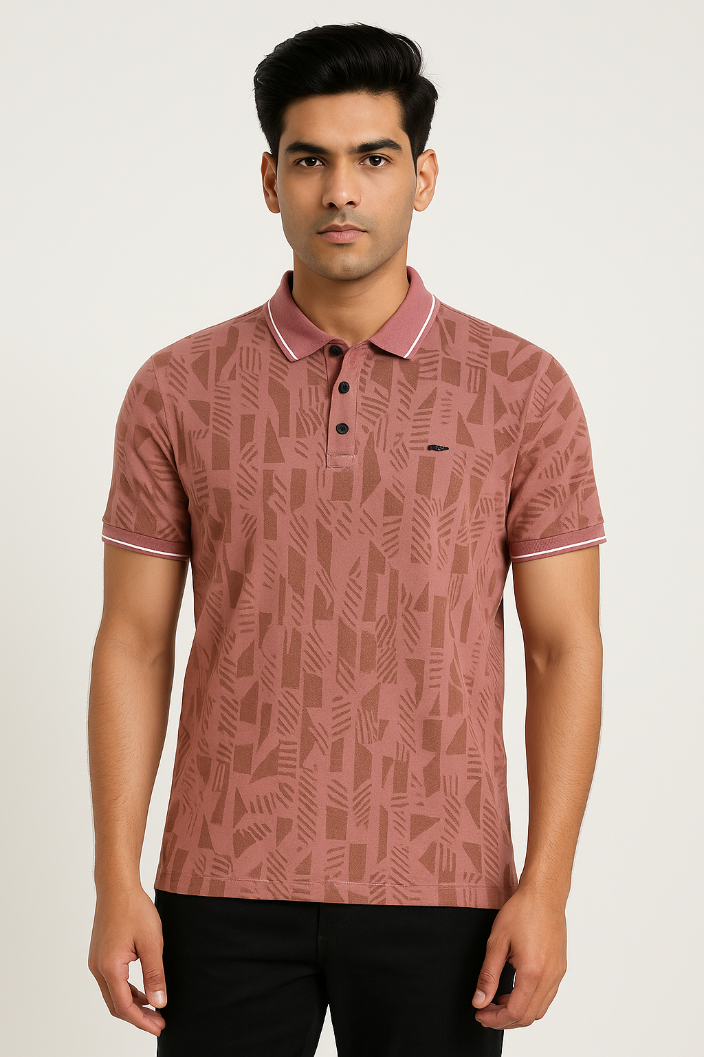 Men’s Dusty Rose Patterned Polo T‑Shirt with Contrast Tipped