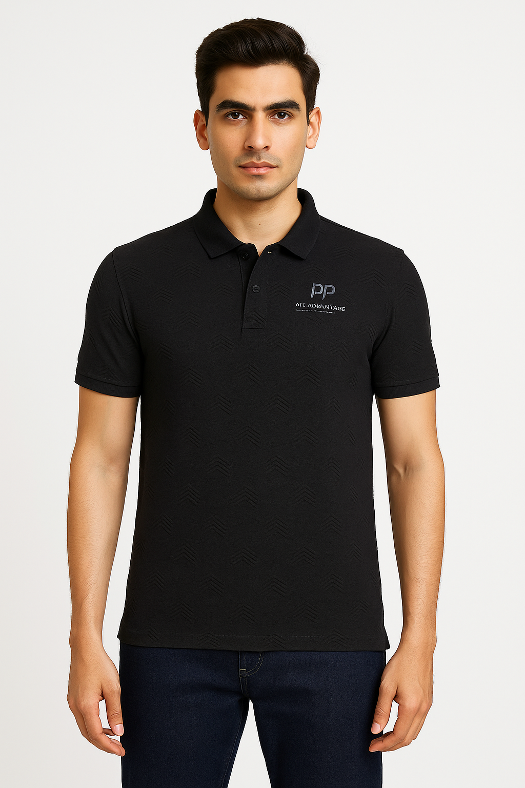 Men’s Black Textured Polo T‑Shirt with Chest Print Logo