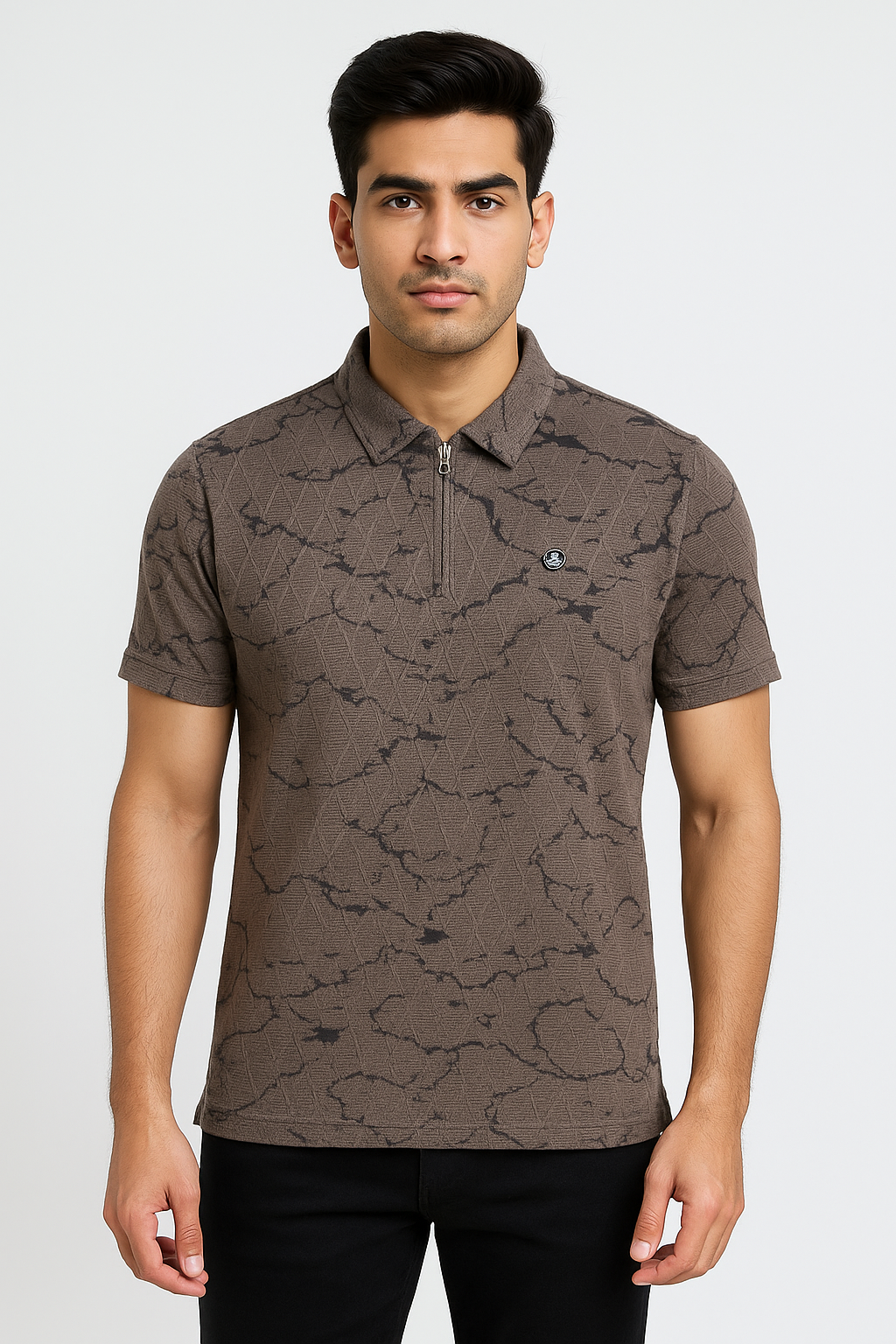 Men’s Brown Marble-Print Zip‑Placket Polo T