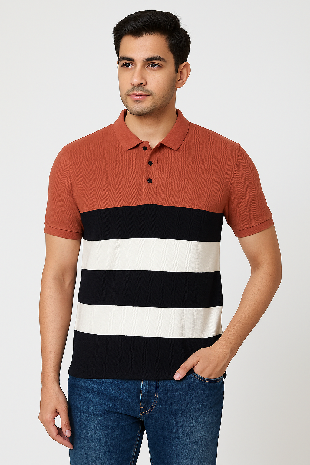 Men’s Rust Colorblock Polo T‑Shirt – Wide Stripes, Regular Fit