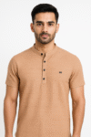 Men’s Camel Mandarin‑Collar Henley T‑Shirt – 4‑Button Placket, Regular Fit