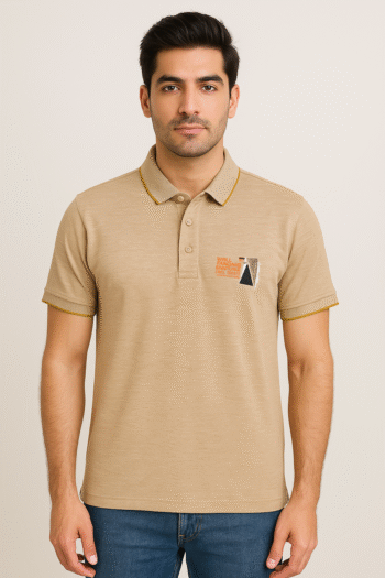 Men’s Beige Graphic Polo T‑Shirt – Contrast Tipped Collar