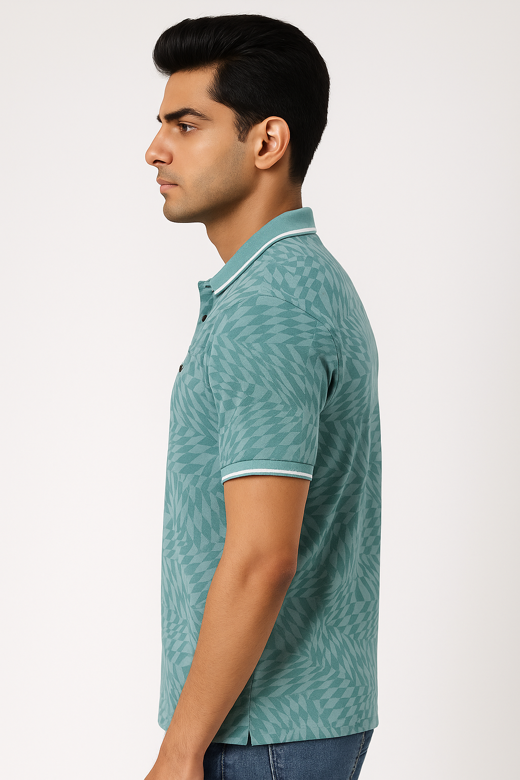 Men’s Teal Geometric Polo T‑Shirt – Contrast Tipped Collar, Regul