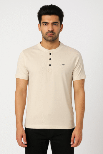 Men’s Beige Mandarin‑Collar Henley T‑Shirt
