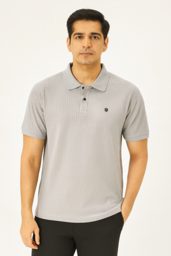 Men’s Grey Ribbed Polo T-Shirt with Crest Logo