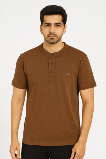 Men’s Brown Henley T‑Shirt – Mandarin Collar
