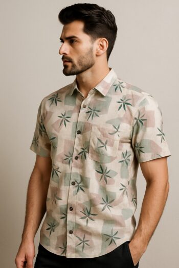 Men’s Casual Printed Short Sleeve Shirt – Beige with Green Leaf Pattern