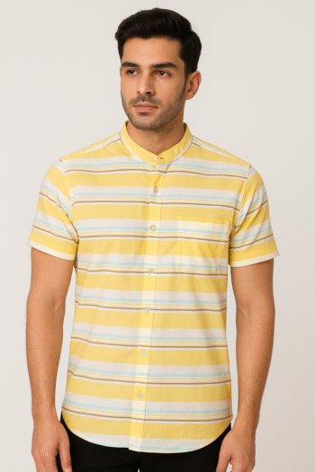 Cool Dude Yellow Striped Mandarin Collar Casual Shirt