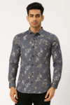 Didot Youth Grey Floral Mandarin Collar Casual Shirt