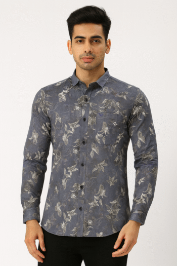 Didot Youth Grey Floral Mandarin Collar Casual Shirt