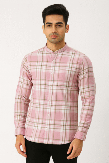 Pink Check Mandarin Collar Casual Shirt