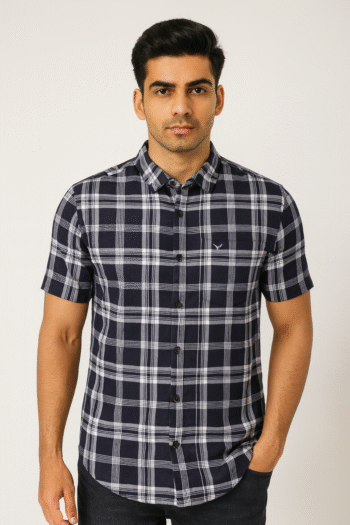 Navy Check Short-Sleeve Casual Shirt