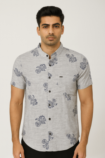 Grey Printed Mandarin Collar Casual Shirt