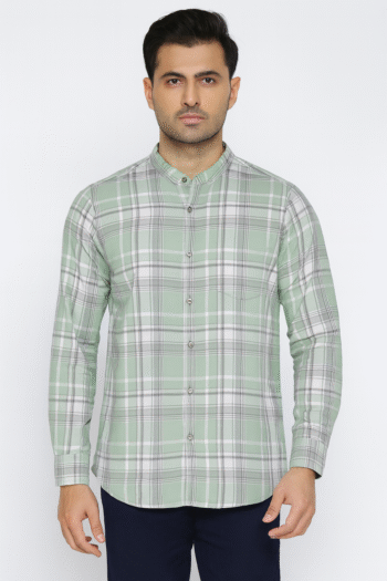Mint Green Check Mandarin Collar Casual Shirt