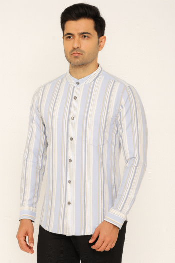 Sky Blue Stripe Mandarin Collar Long-Sleeve Shirt