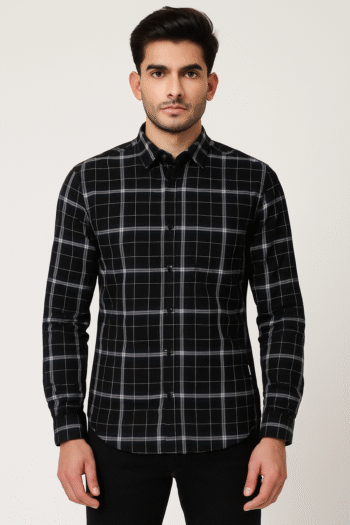 Black Check Long-Sleeve Casual Shirt
