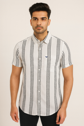 Men’s White Short Sleeve Striped Casual Shirt