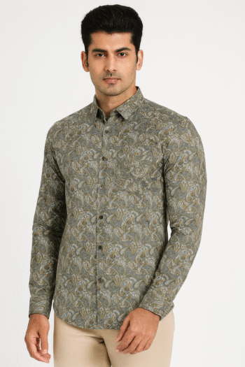 Olive Paisley Print Long-Sleeve Casual Shirt