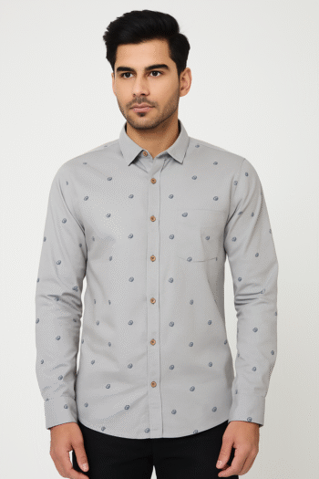 Grey Micro-Print Long-Sleeve Casual Shirt