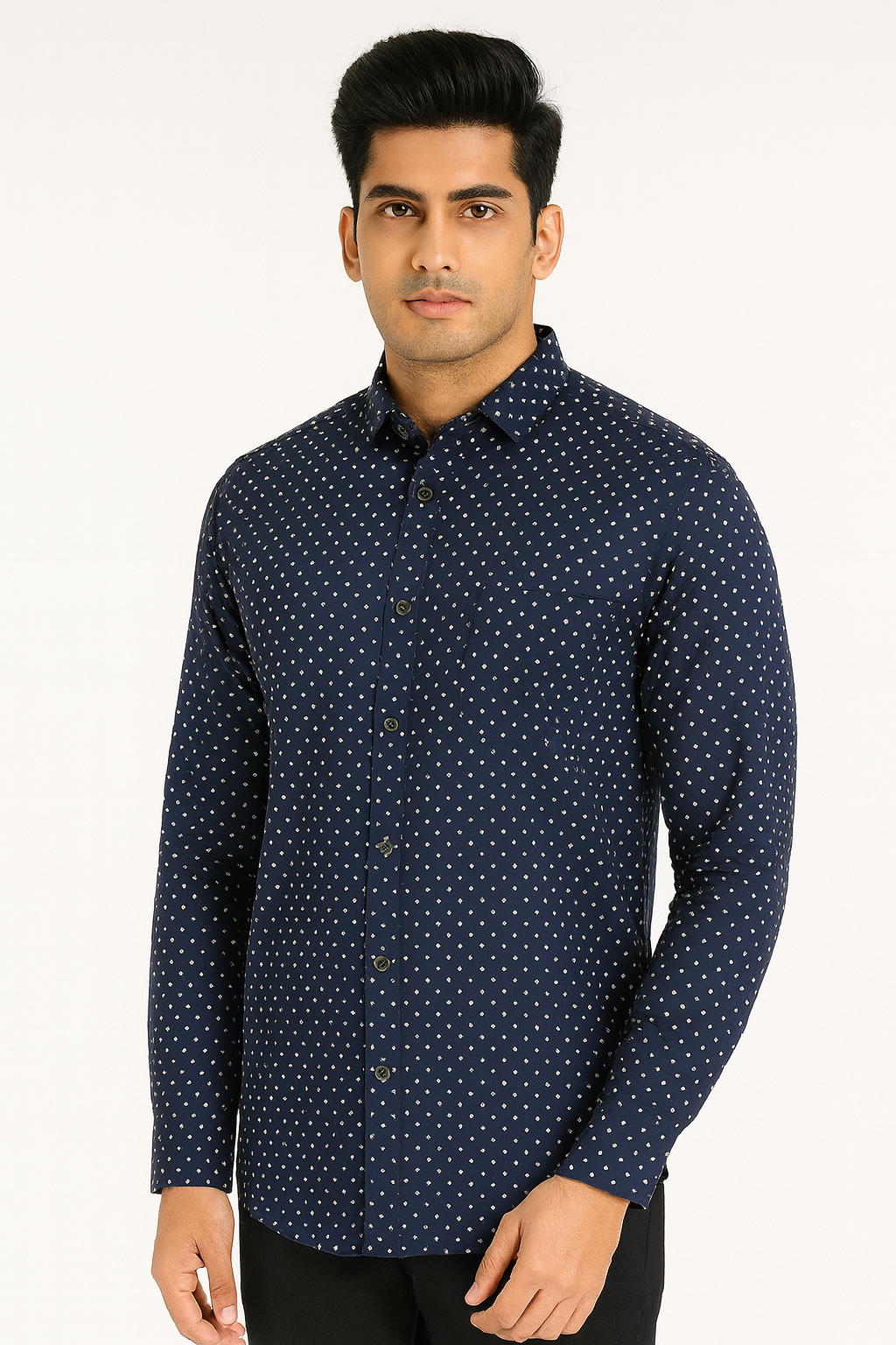 Navy Diamond Print Long-Sleeve Casual Shirt
