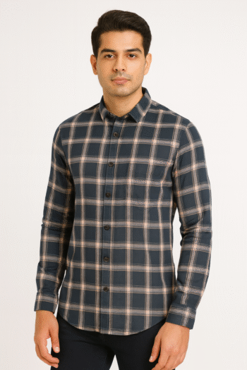 Teal Check Long-Sleeve Casual Shirt