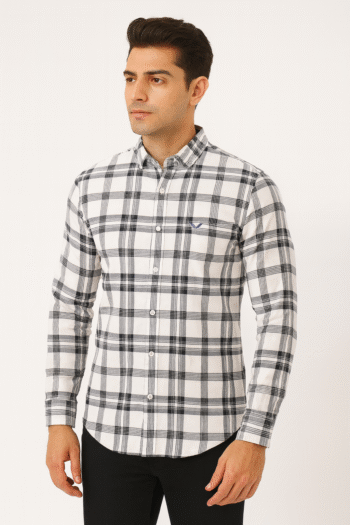 White-Grey Check Long-Sleeve Casual Shirt