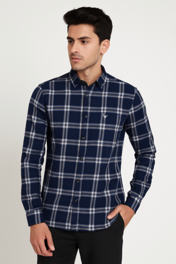 Navy Checkered Slim Fit Men’s Casual Shirt